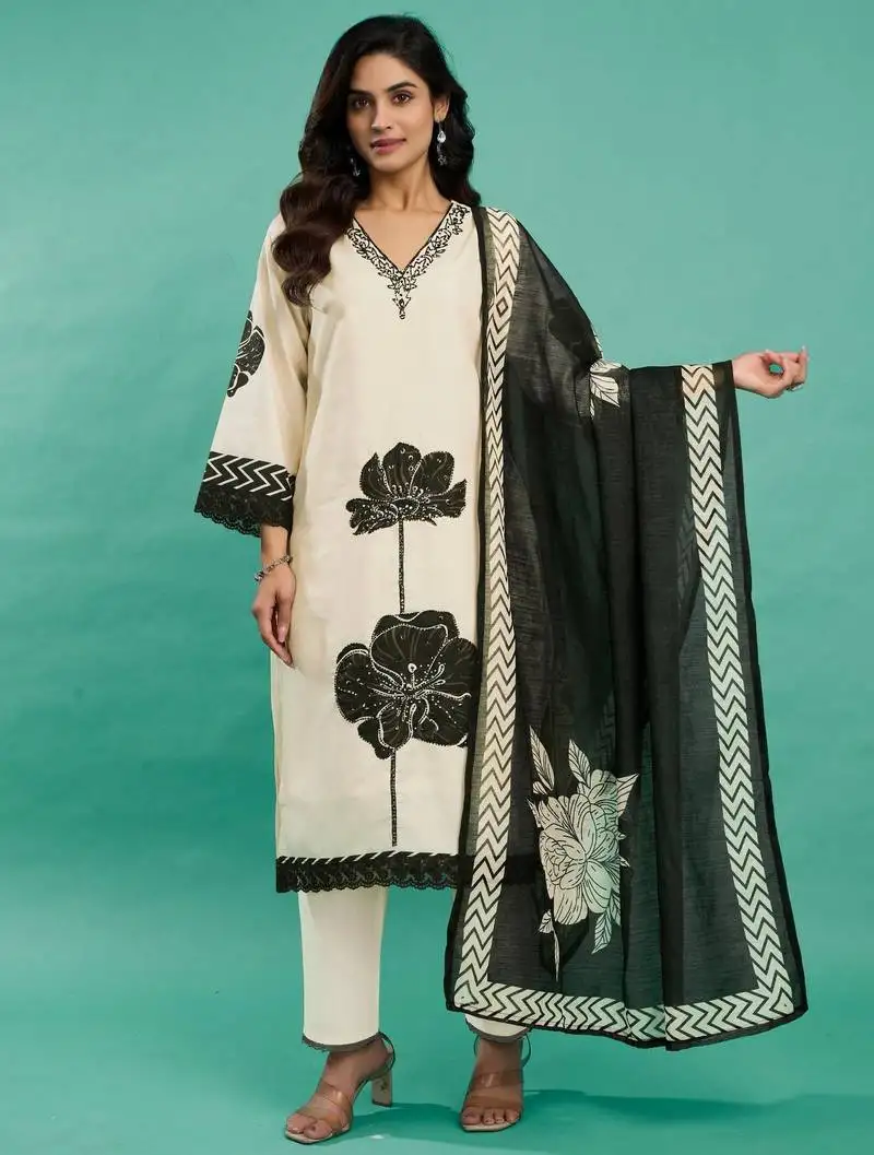 Misrionyx dark white embroidered cotton kurta sets
