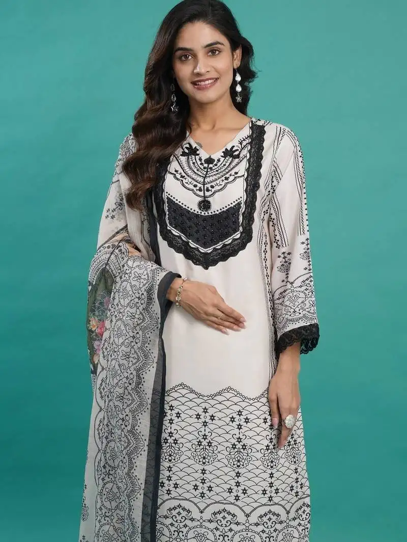 Mono dark white embroidered cotton kurta sets