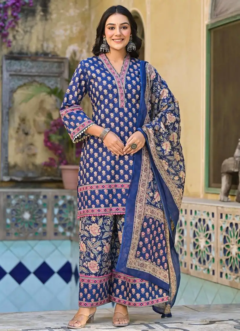 Indigo blue printed cotton kurta sets