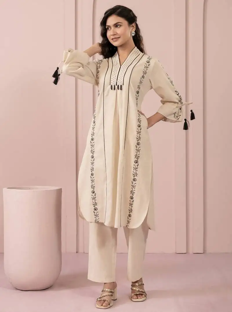 Hazel cream embroidered cotton kurta sets