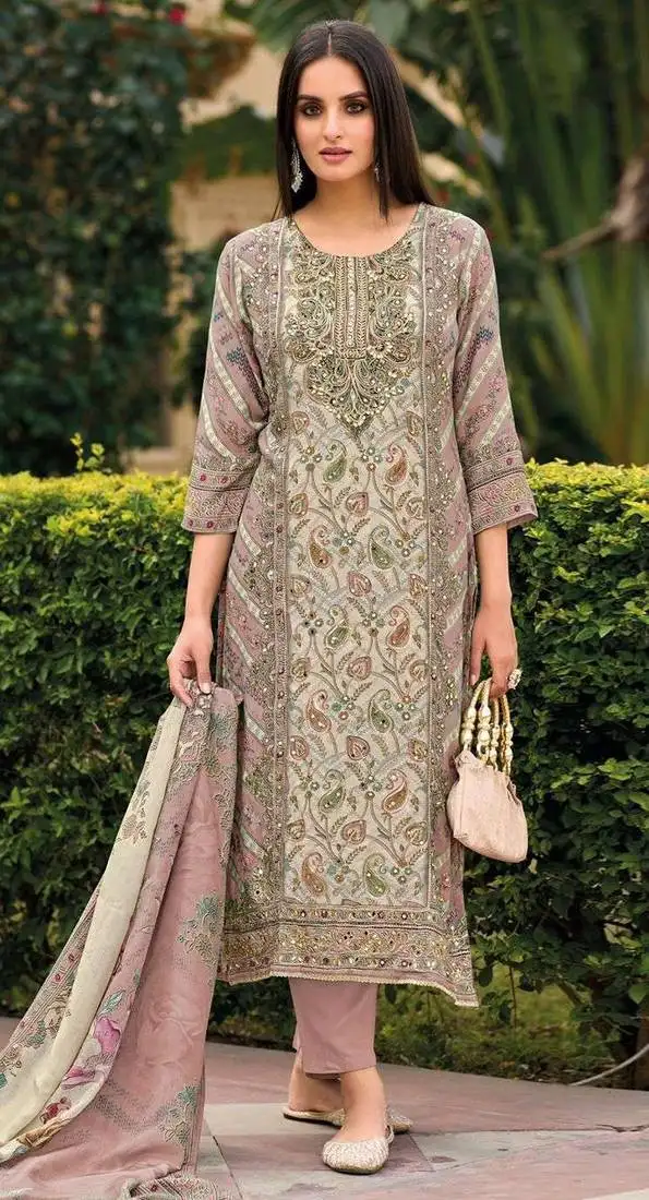 Pink embroidered viscouse semi-pakistani salwar suit semi stitched