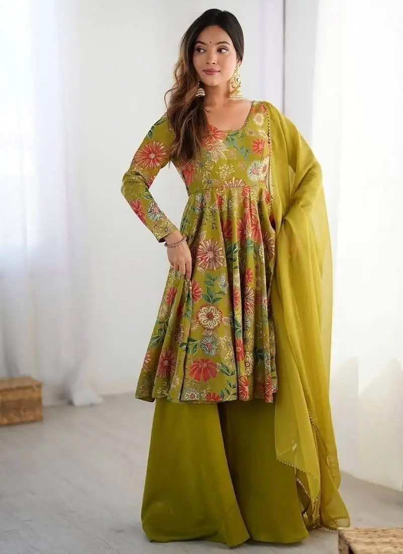 Mehendi romansilk with print kediya with palazzo suit stitched