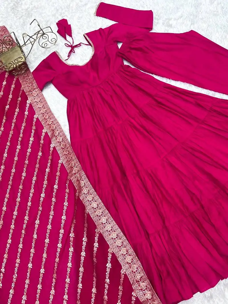 Ranipink roman silk chanderi with fully flair anarkali pant with dupatta stitched