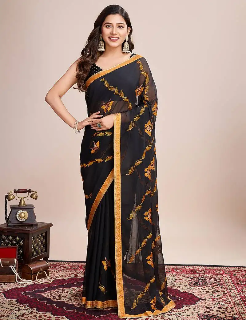 Yellow georgette floral embroidered saree