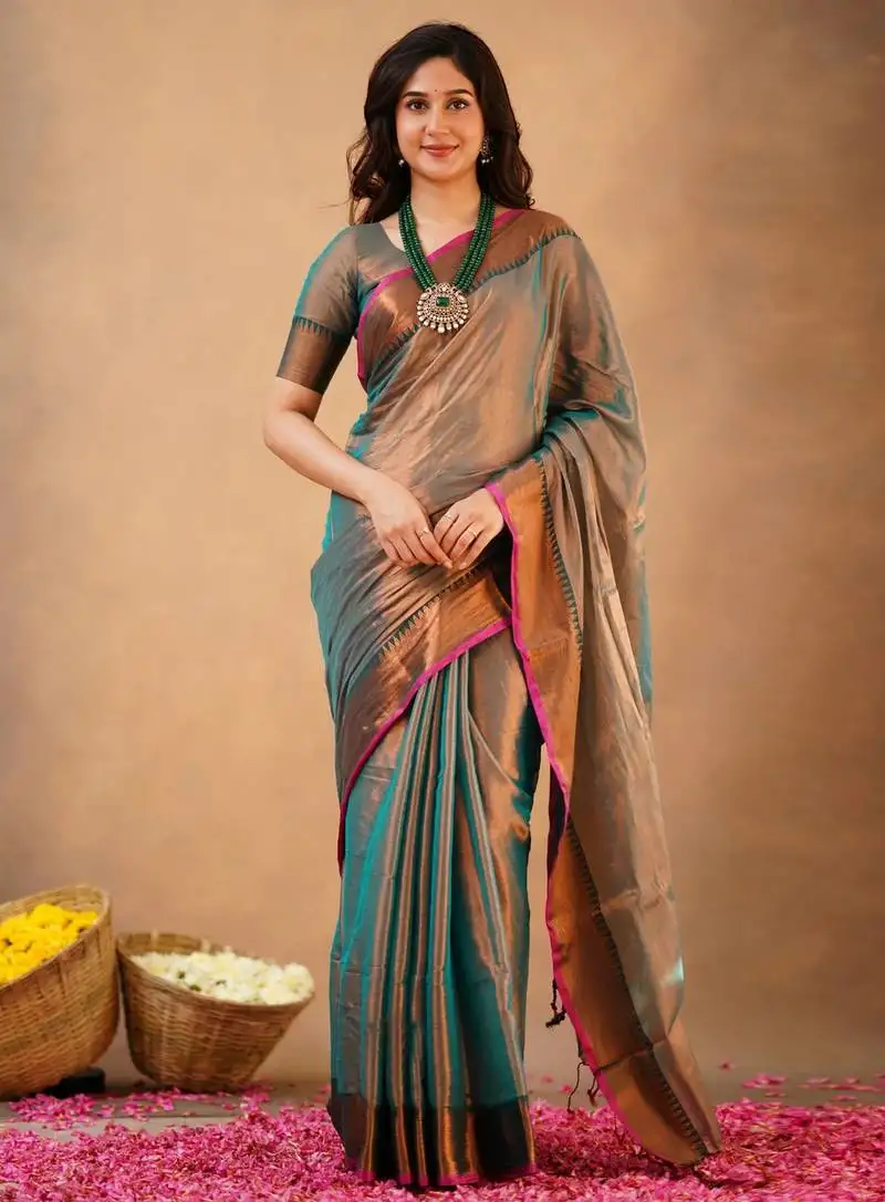 Trendmalls teal tissue cotton handloom saree with unstitched blouse