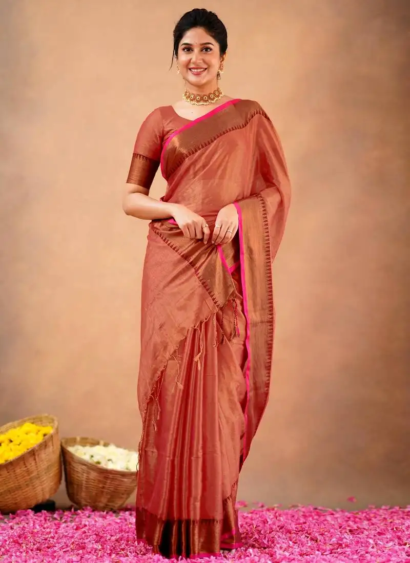 Trendmalls orange tissue cotton handloom saree with unstitched blouse