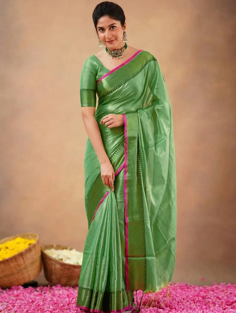 Trendmalls lime tissue cotton handloom saree with unstitched blouse