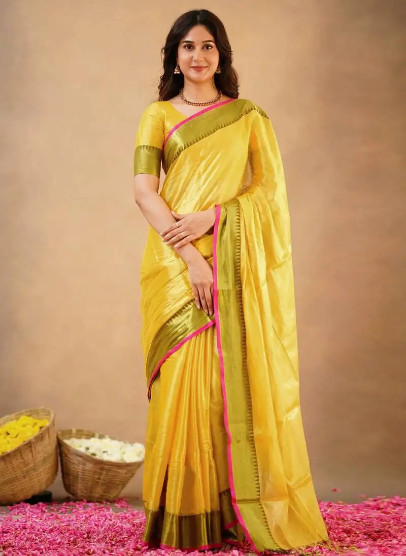 Yellow tissue cotton handloom saree with unstitched blouse