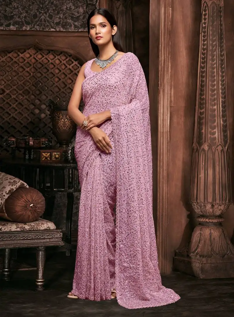 Light pink georgette sequins work saree with unstitched blouse