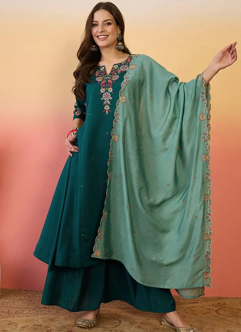 Aqua green roman silk embroidered palazzo suit stitched