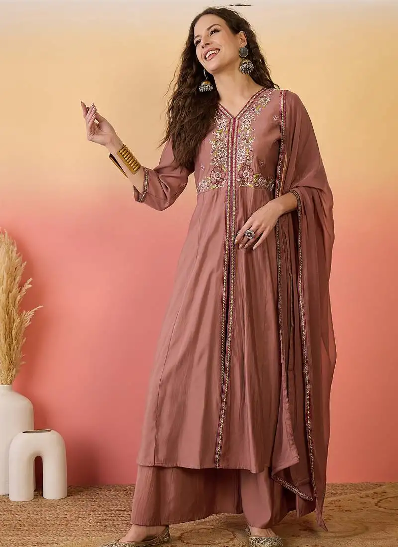 Brown roman silk embroidered palazzo suit stitched