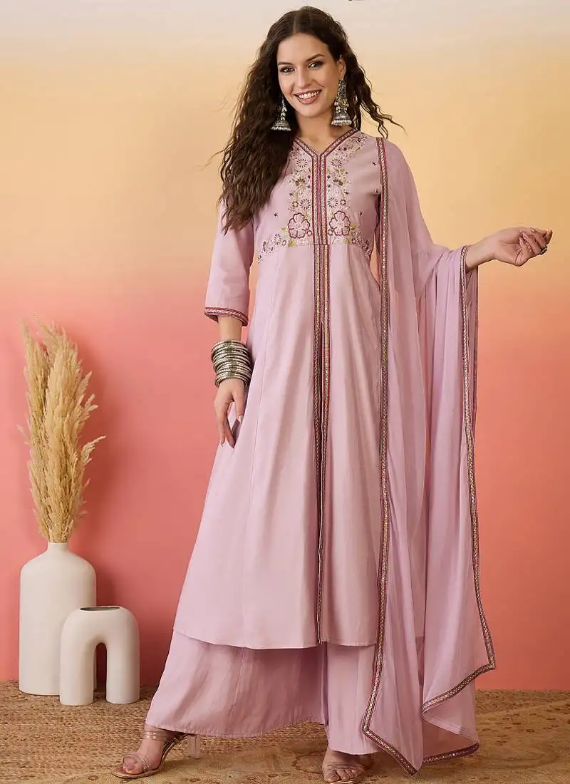 Light pink roman silk embroidered palazzo suit stitched