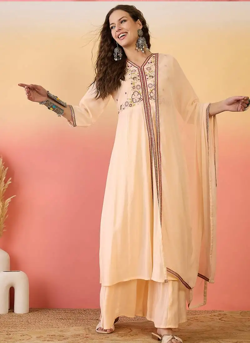 Cream roman silk embroidered palazzo suit stitched