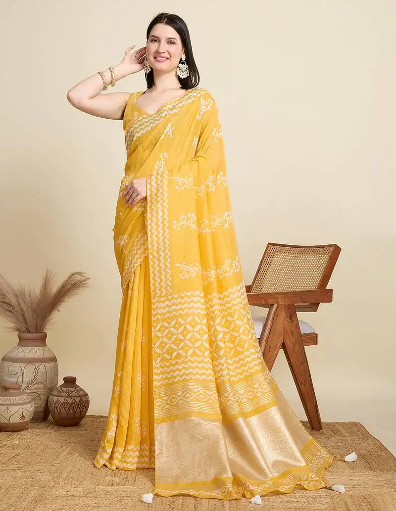 Yellow printed cotton saree with sequin weave