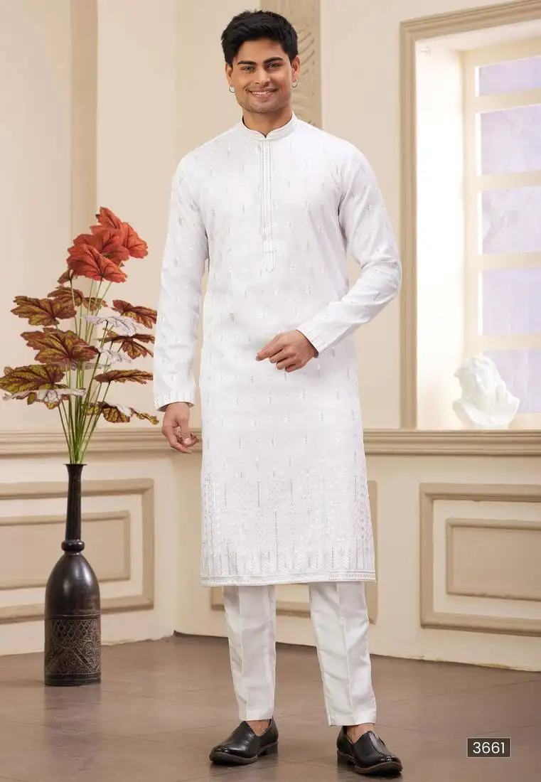 Off white art silk straight kurta with computer thread work on and with lining pajama for men