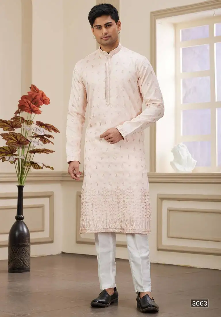 Light pink art silk straight kurta with computer thread work on art silk and with lining pajama for men