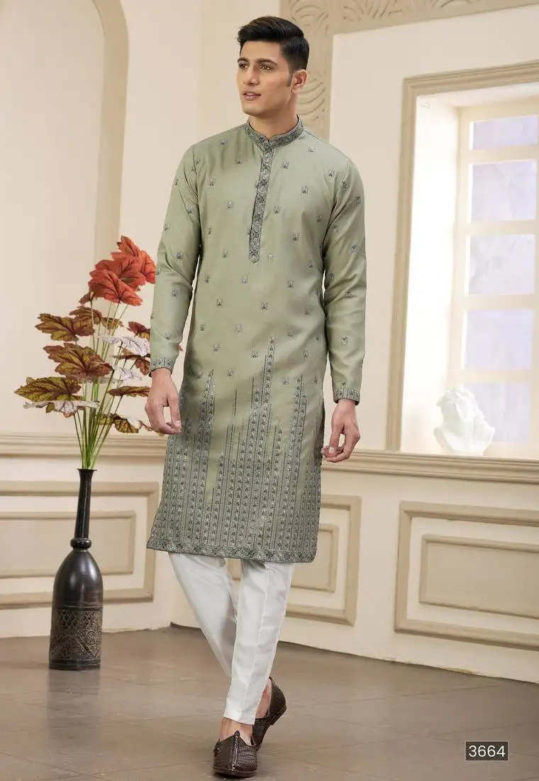 Green art silk straight kurta with computer thread work on art silk and with lining pajama for men