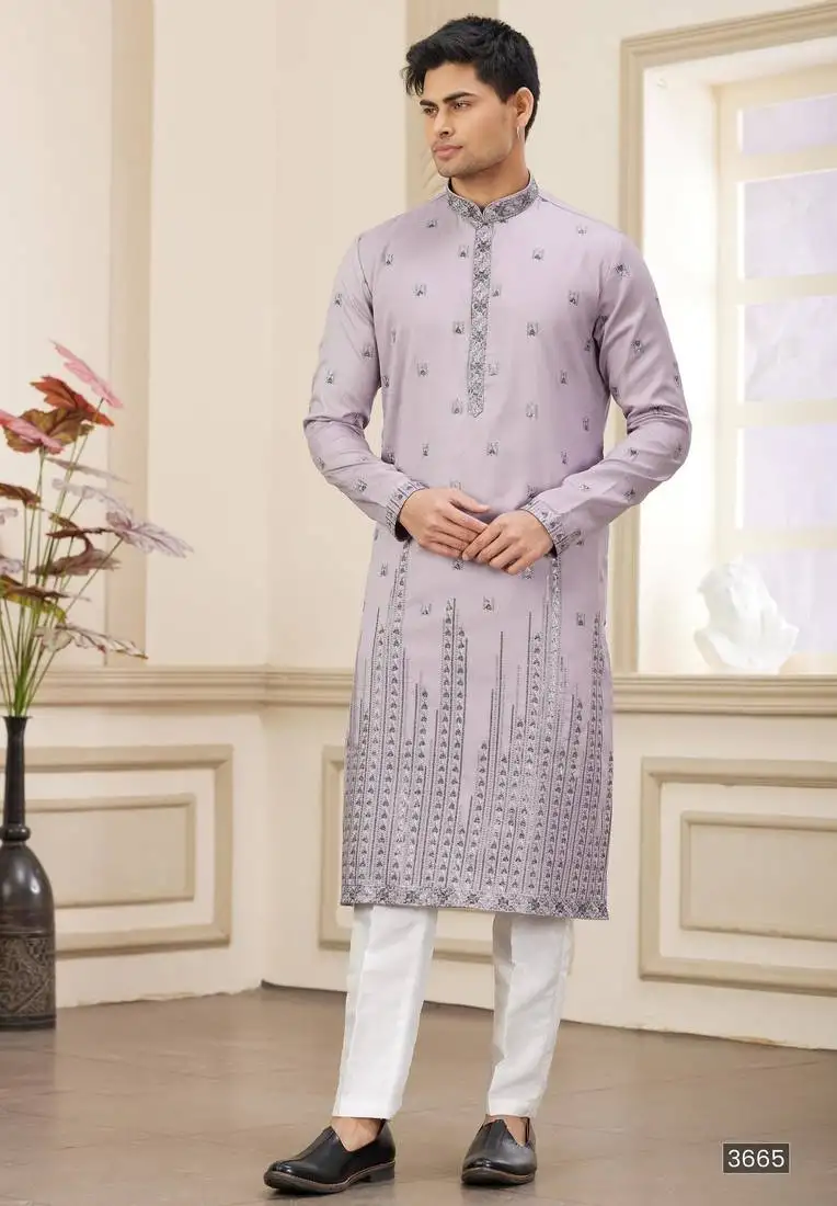 Purple art silk straight kurta with computer thread work on art silk and with lining pajama for men