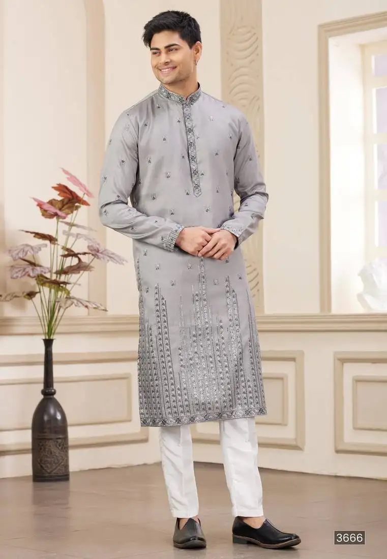 Grey art silk straight kurta with computer thread work on art silk and with lining pajama for men