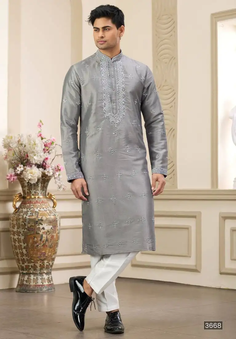 Grey banarasi art silk straight kurta with lining pajama for men
