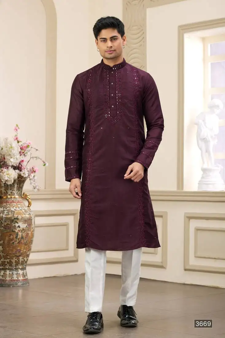 Wine banarasi art silk straight kurta with lining pajama for men
