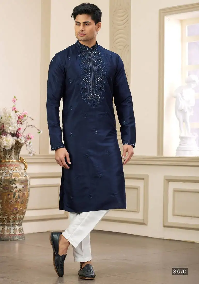 Blue banarasi art silk straight kurta with lining pajama for men