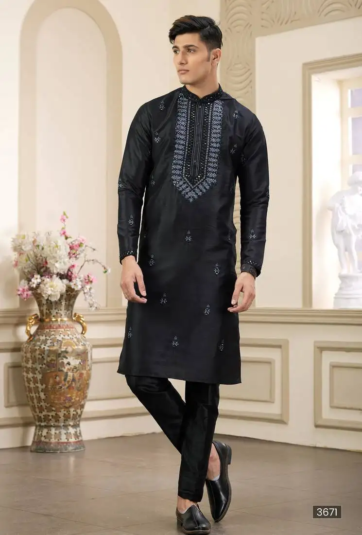 Black banarasi art silk straight kurta with lining pajama for men