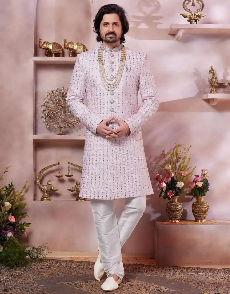 Men's pink art silk sherwani with computer thread work and faux satin