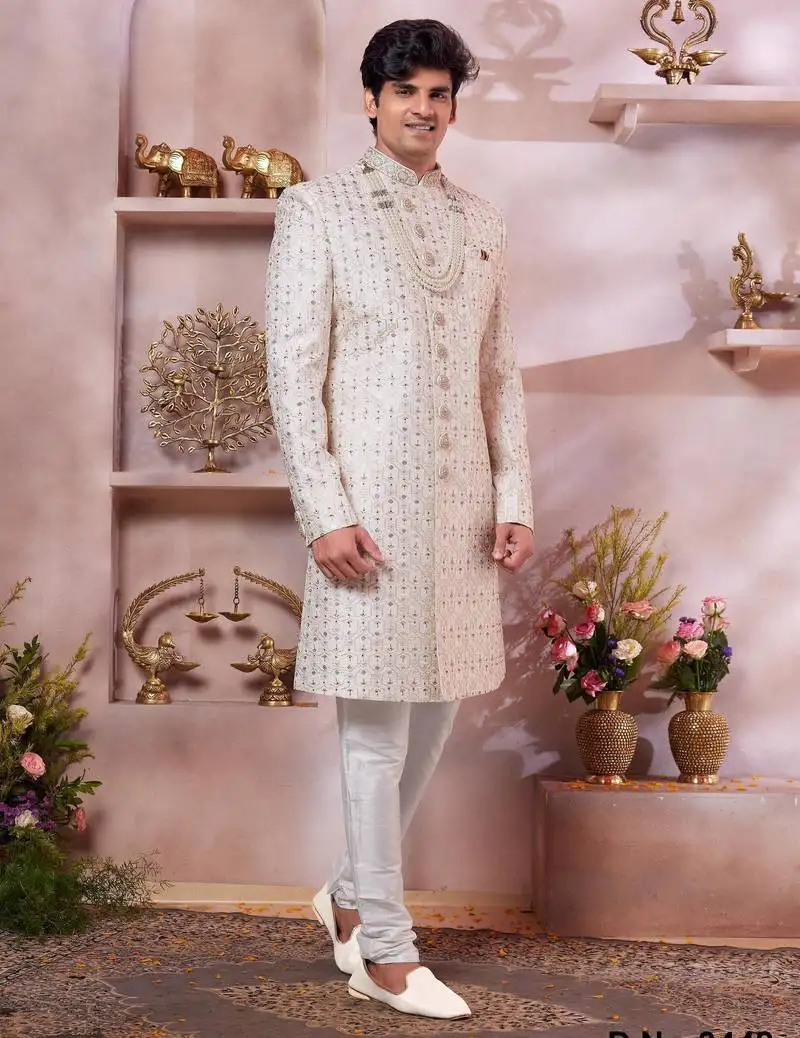 Cream art silk computer thread sherwani and faux satin churidar for men