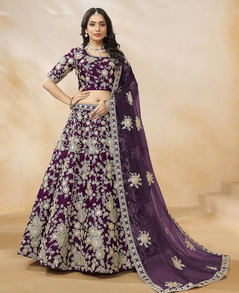Purple embroidered zari sequins art silk lehenga