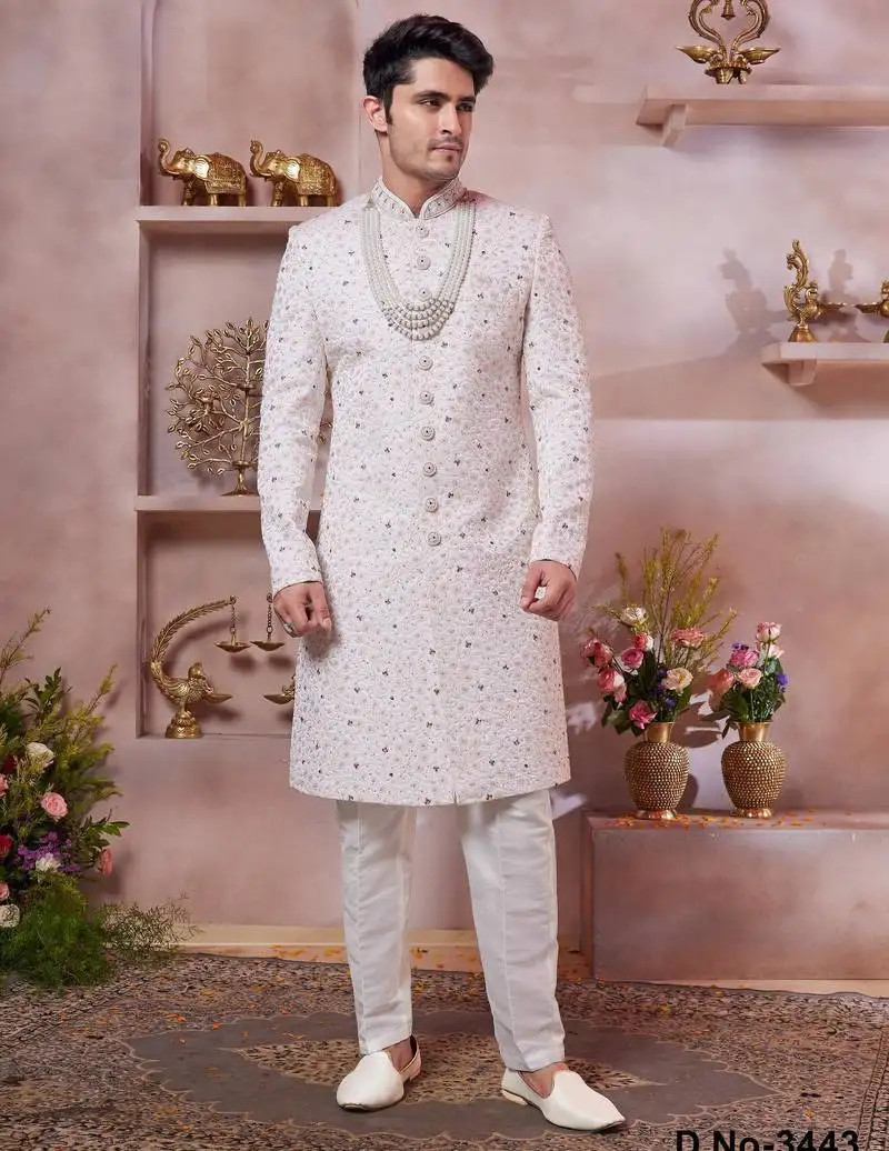 Cream art silk computer thread full sleeve sherwani and faux satin churidar for men