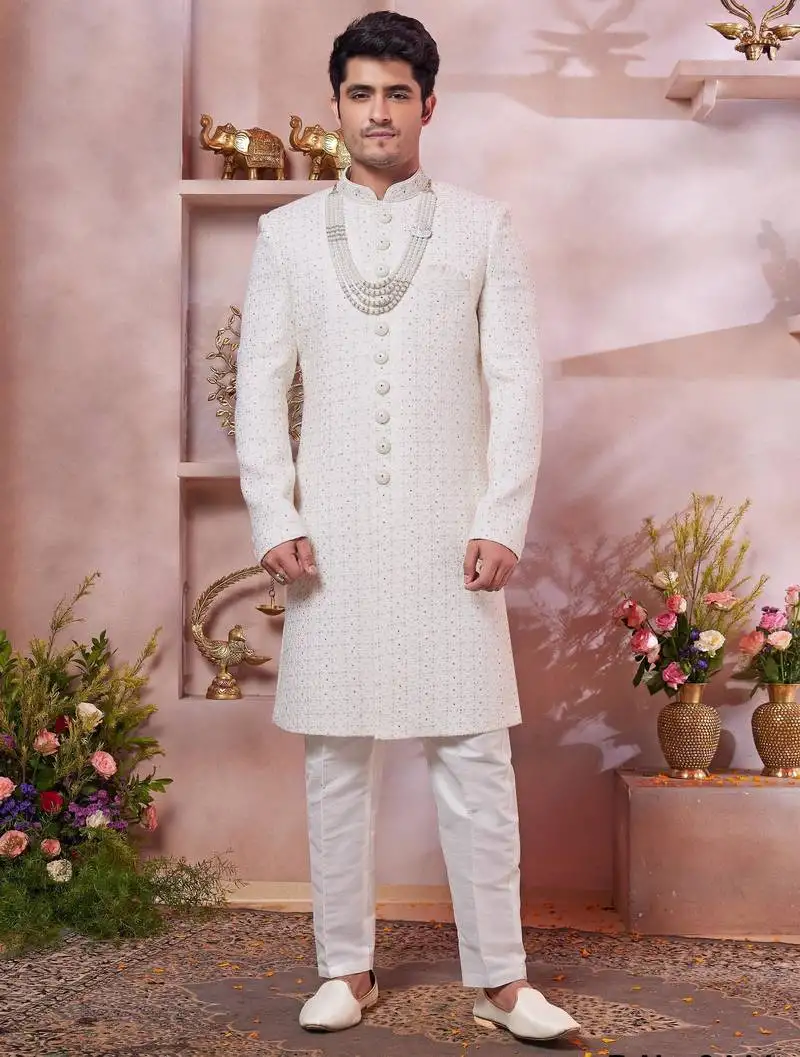 Cream art silk computer thread work sherwani and faux satin churidar for men