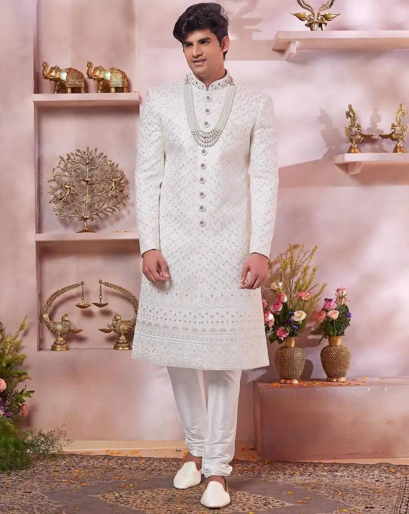 Cream art silk sherwani with computer thread and faux satin churidar for men