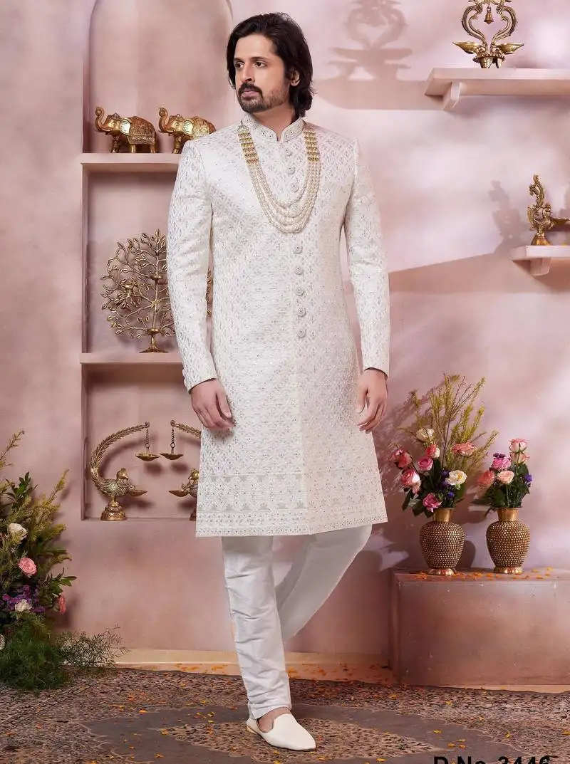Cream art silk sherwani with computer thread work and faux satin churidar for men