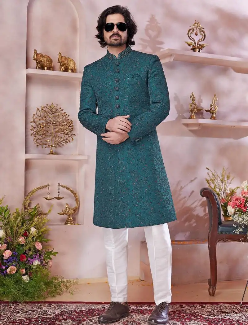 Green computer thread work sherwani with faux satin churidar for men