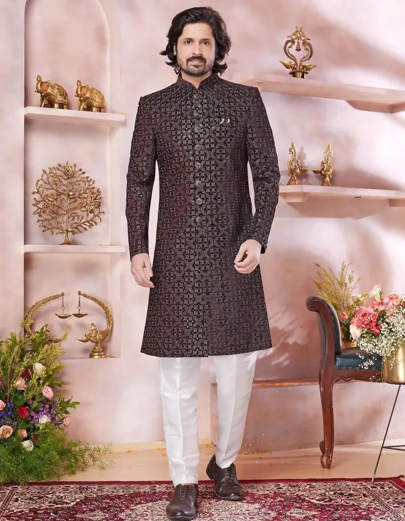Maroon computer thread work sherwani with faux satin churidar