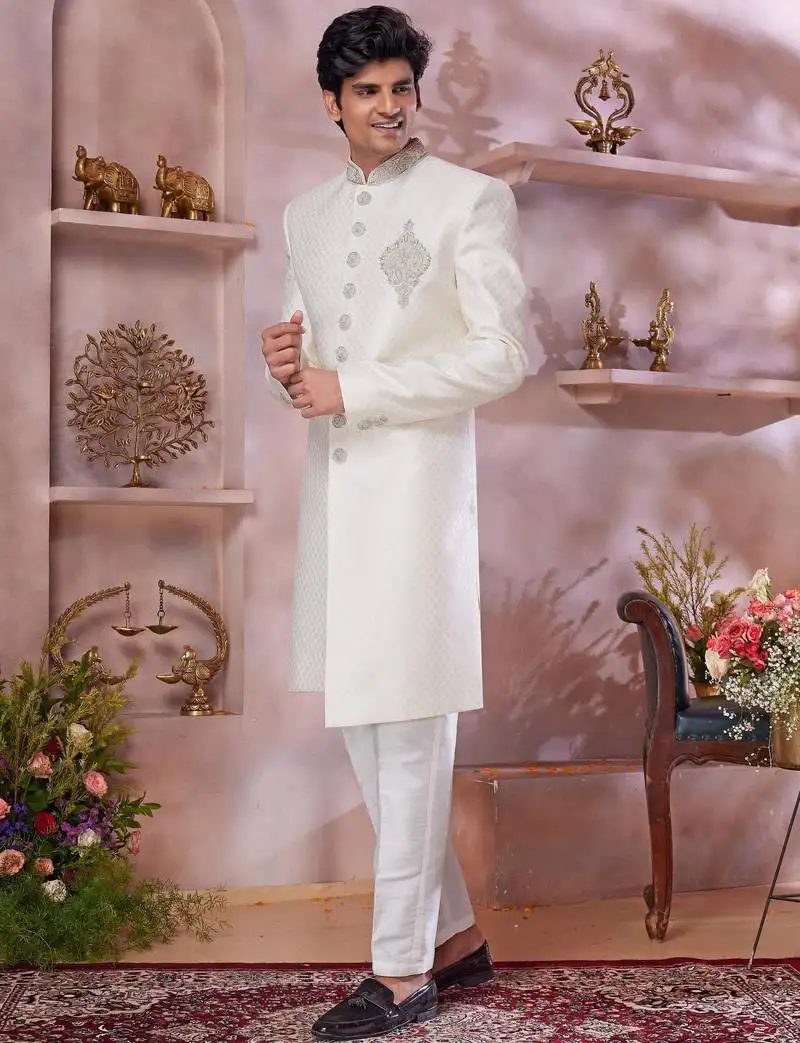 Cream jacquard banarasi silk sherwani with faux satin churidar for men