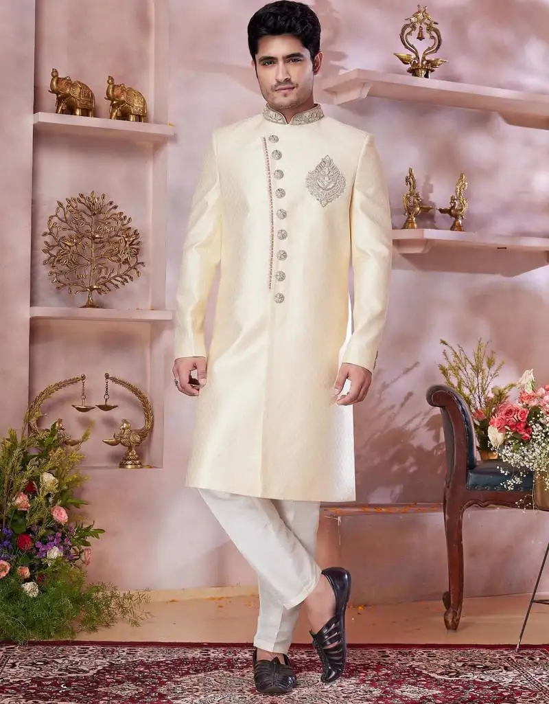 Gold jacquard banarasi silk sherwani with faux satin churidar for men