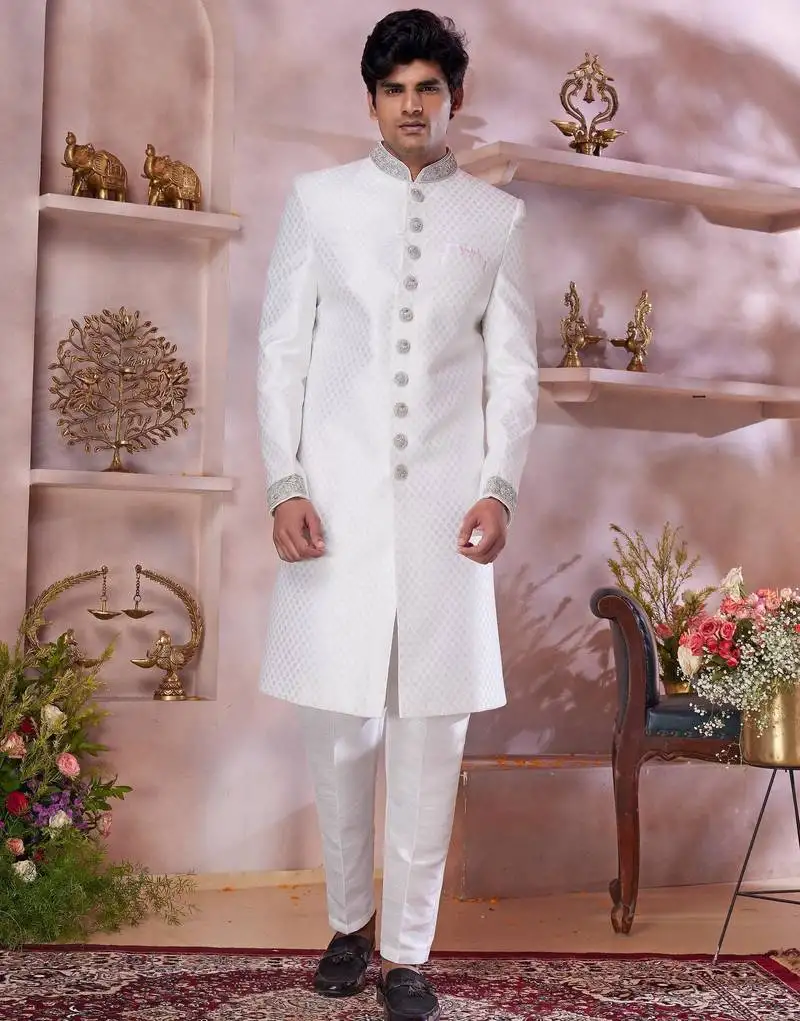 Off white jacquard banarasi silk sherwani with faux satin churidar for men