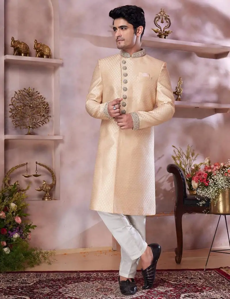 Dark gold jacquard banarasi silk sherwani with faux satin churidar for men