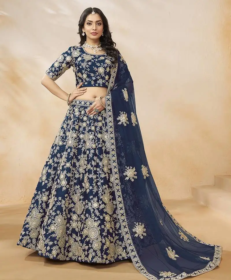 Blue embroidered zari sequins art silk lehenga