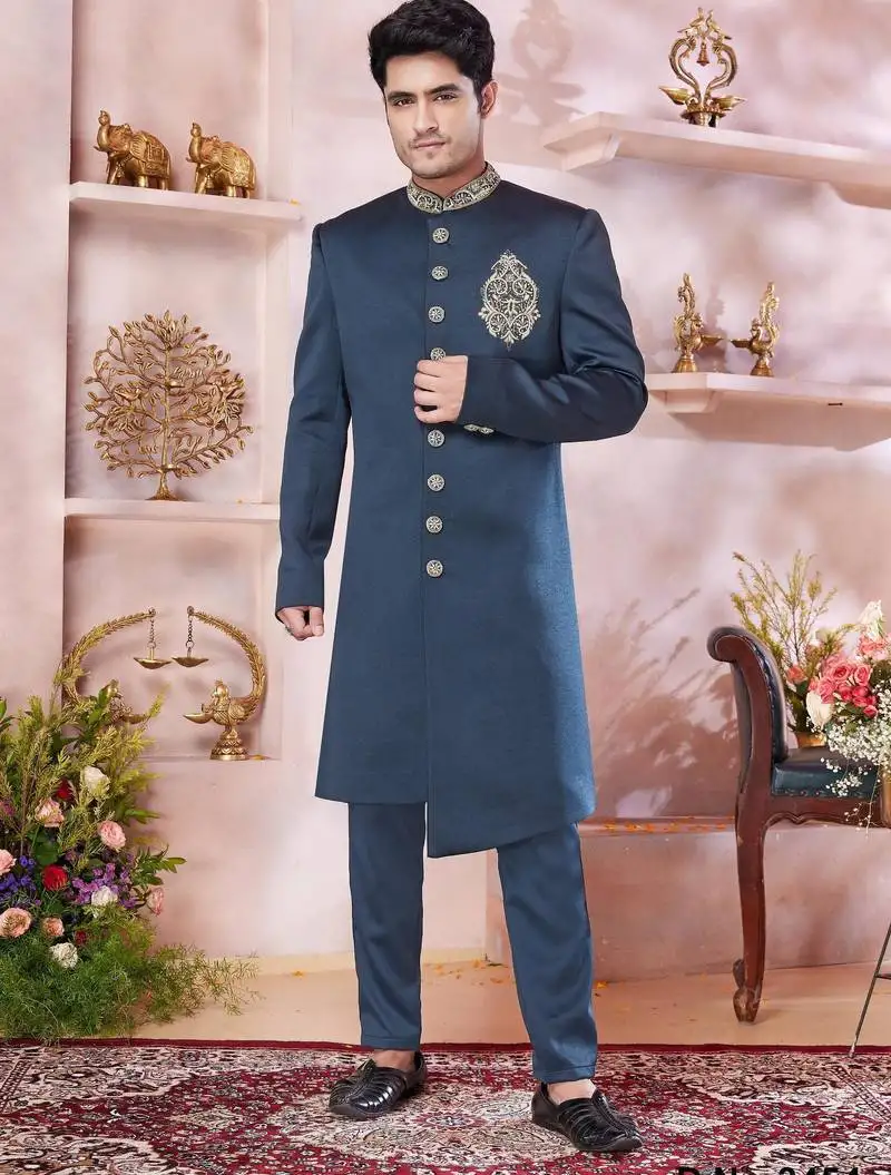 Green imported plain fabric sherwani with faux satin churidar for men