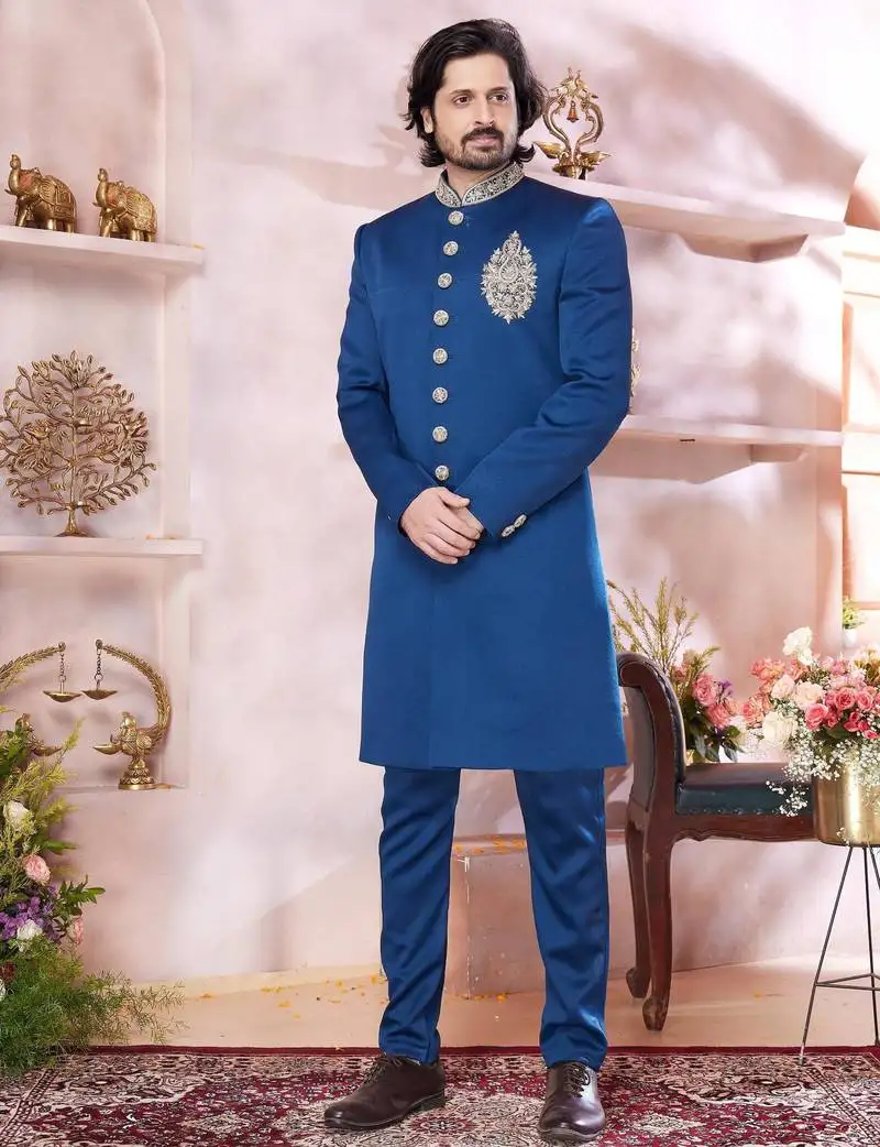 Blue imported plain fabric full sleeve sherwani with faux satin churidar for men