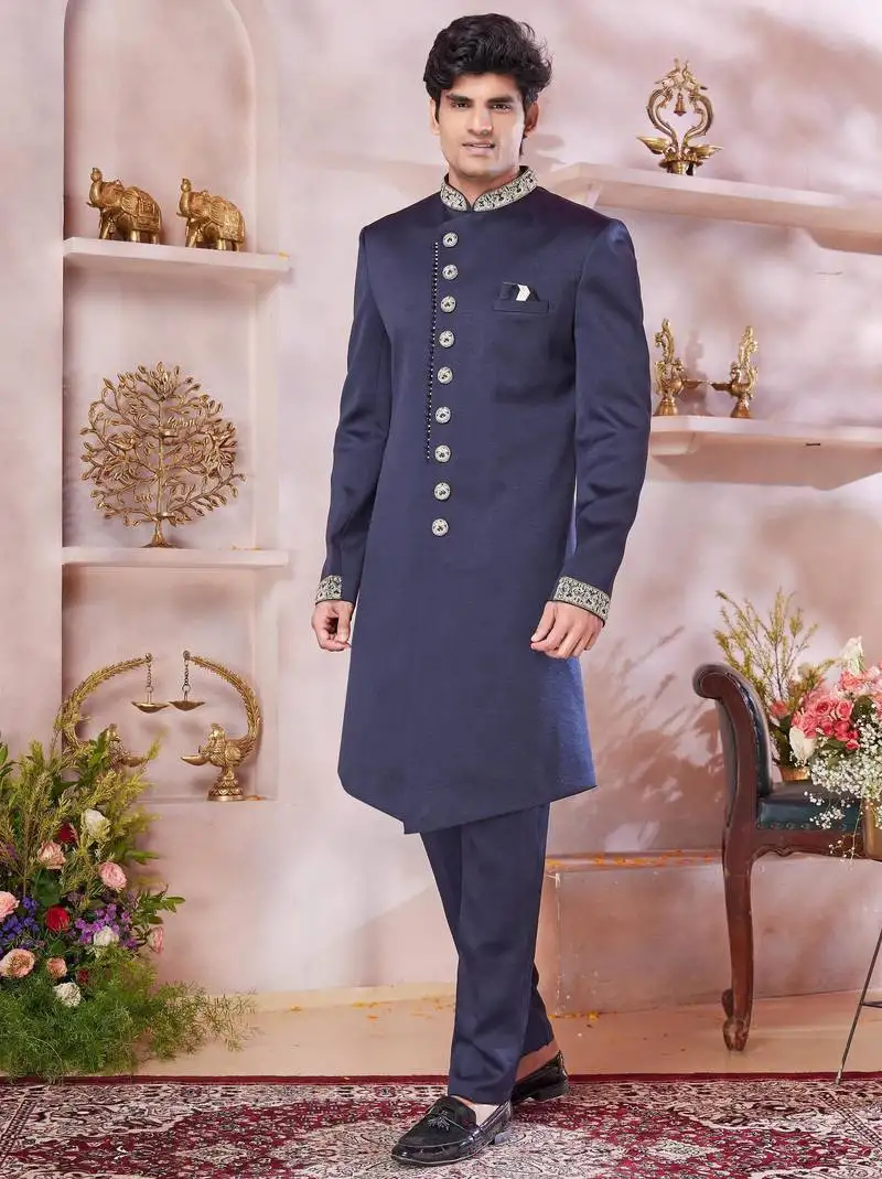 Blue imported plain fabric sherwani with faux satin churidar for men