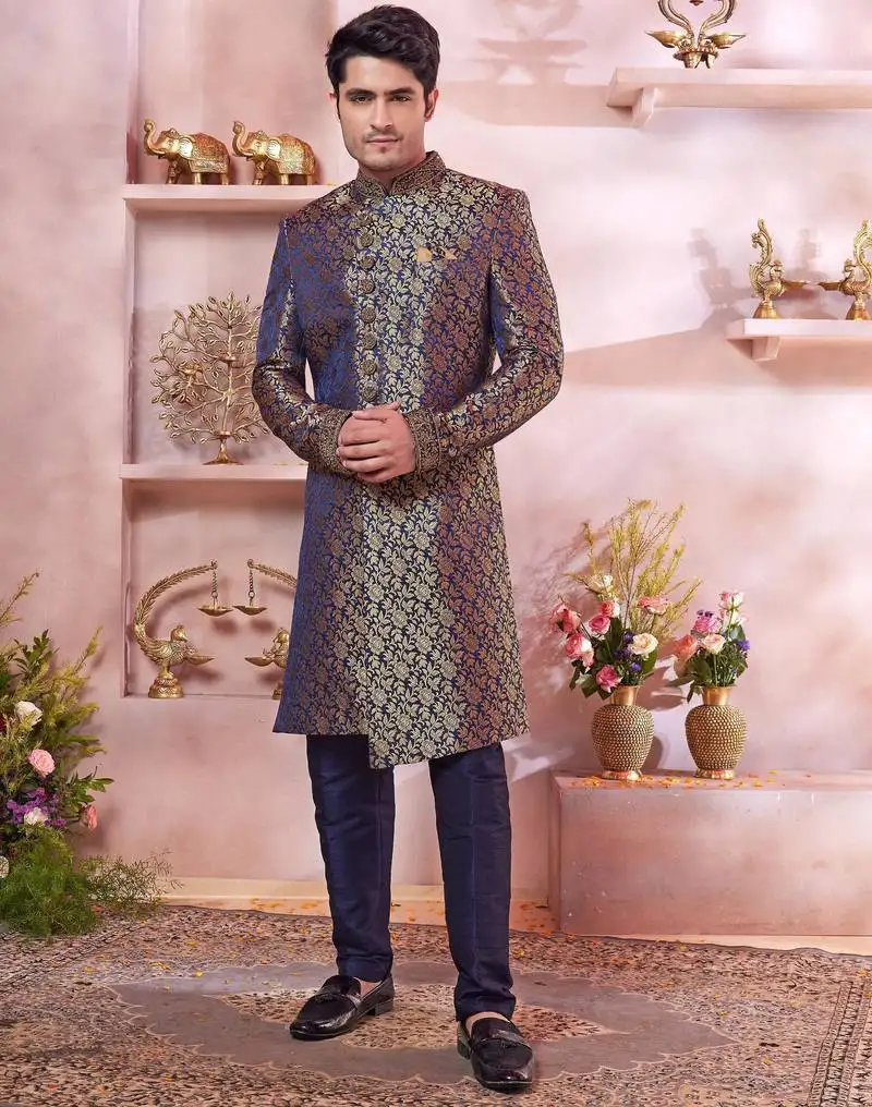 Blue jacquard banarasi silk sherwani with faux satin churidar for men