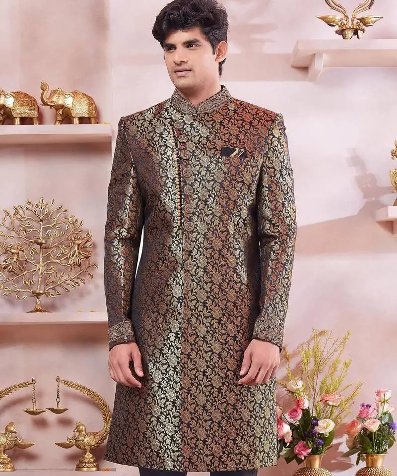 Black jacquard banarasi silk sherwani with faux satin churidar for men