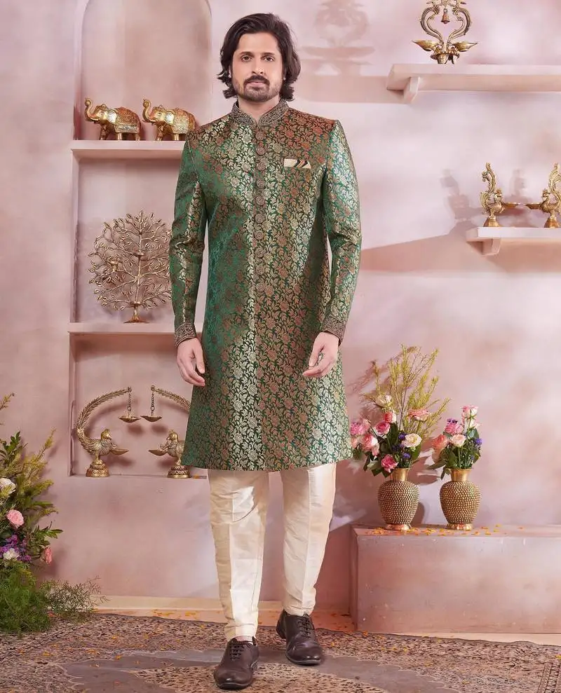 Green jacquard banarasi silk sherwani with faux satin churidar for men