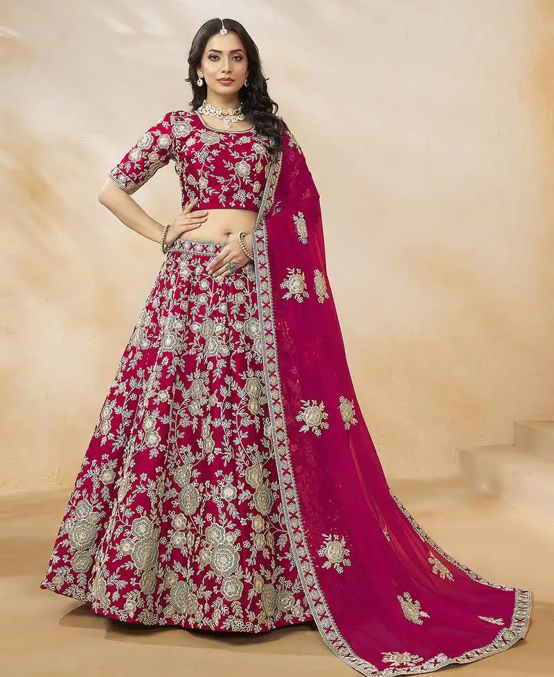 Rani-pink embroidered zari sequins art silk lehenga