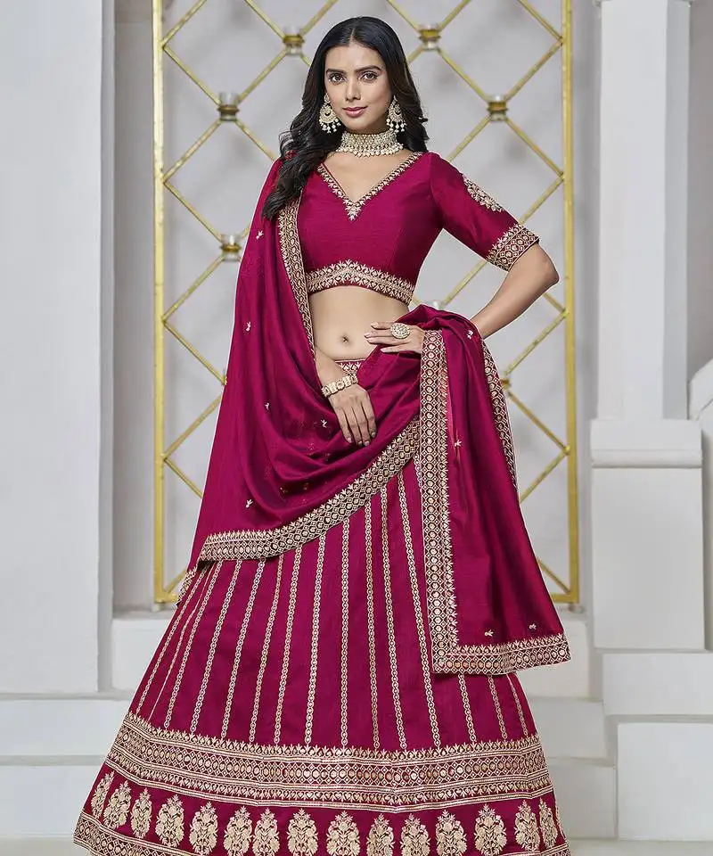 Rani pink embroidered zari sequins art silk lehenga