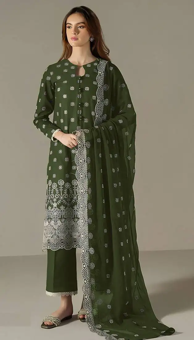Dark green embroidered faux georgette semi-pakistani salwar suit semi stitched